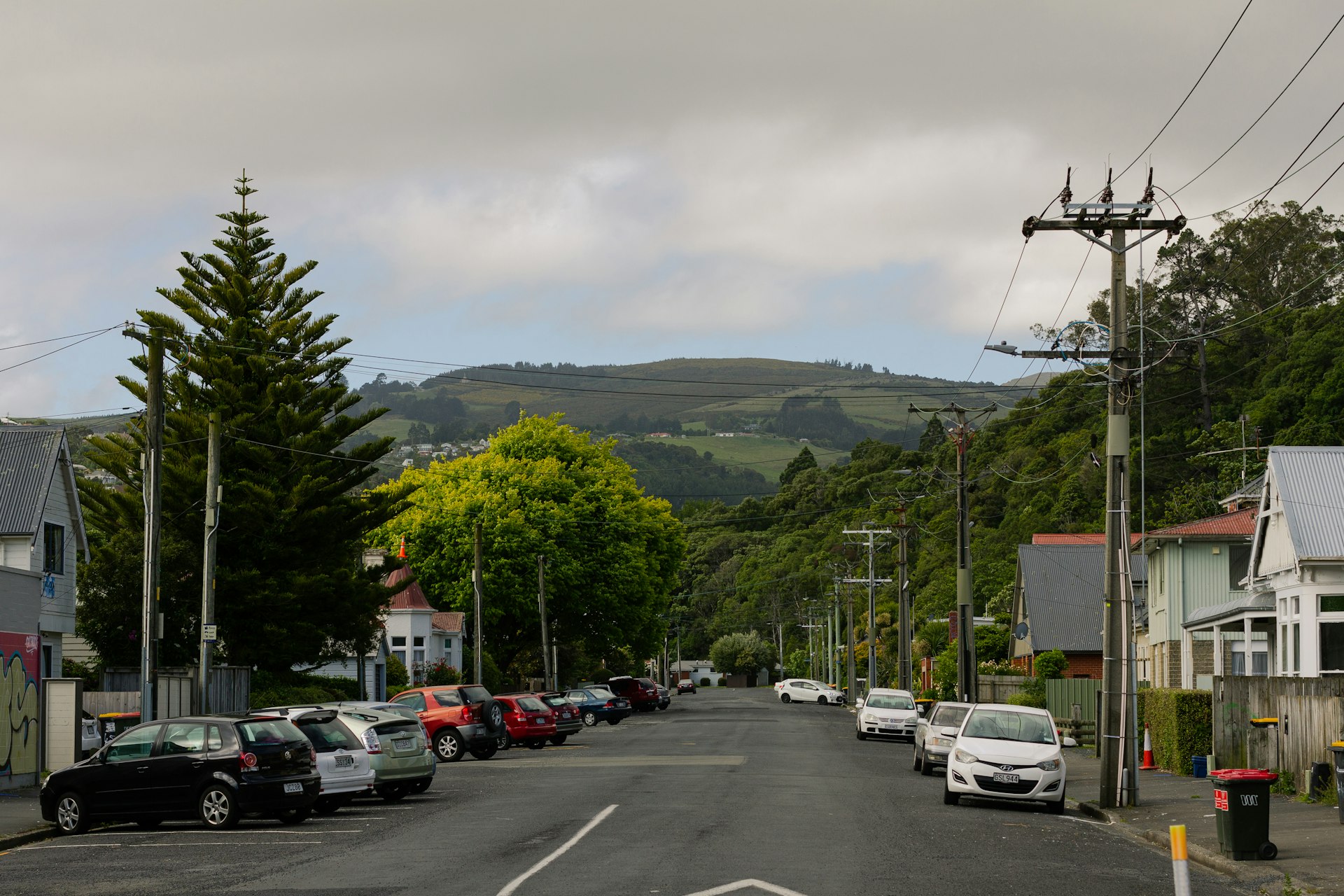 a street lined with parked cars on a cloudy day